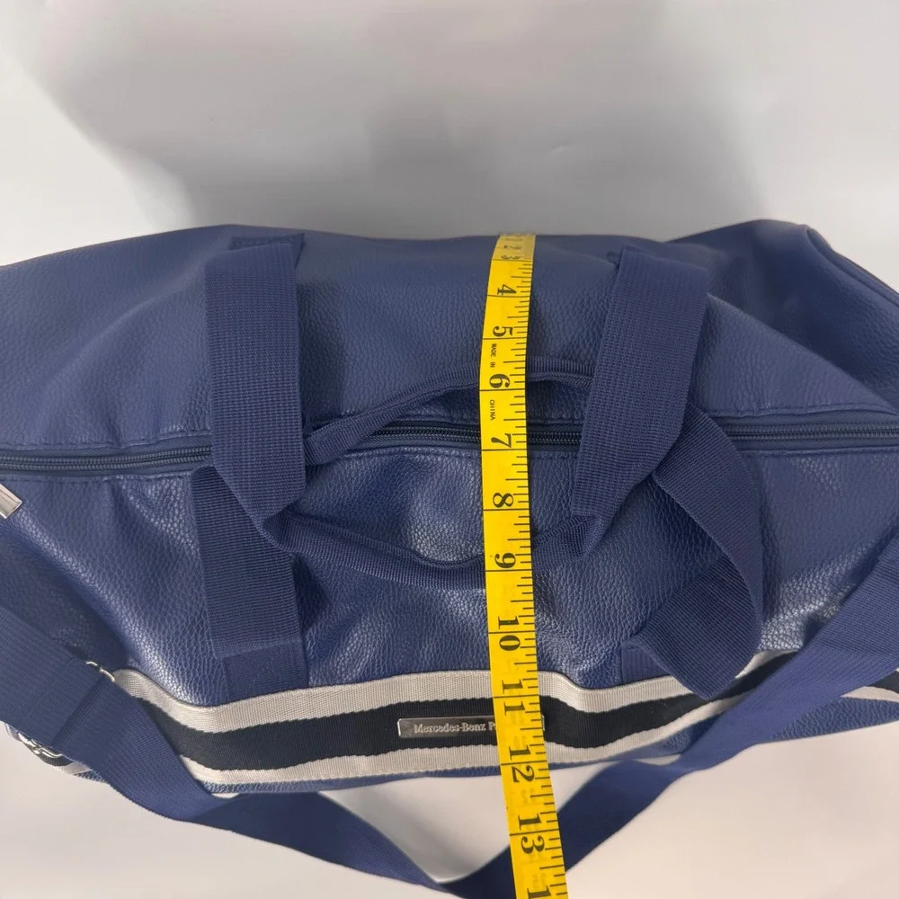 Mercedes Benz Parfums Navy Blue Pebbled Faux Leather Duffle Travel Bag Stripe